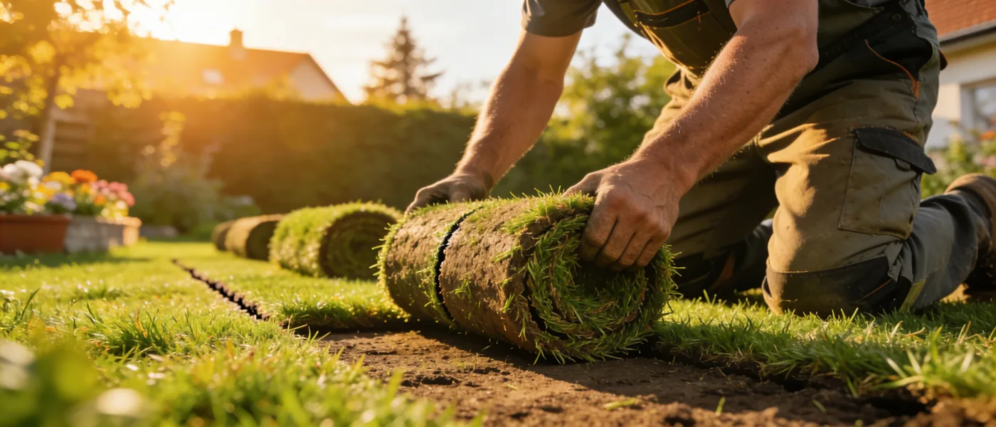 Rollrasen verlegen – Handwerker rollt frische Rasenbahnen im Garten aus